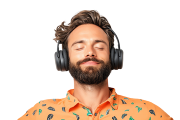 A man enjoying music with headphones, eyes closed, relaxed, wearing a colorful shirt.