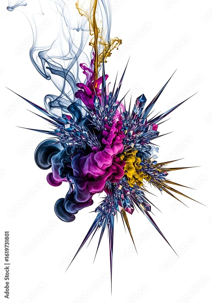 Poster abstract ink explosion on white background in dynamic colors and shapes design