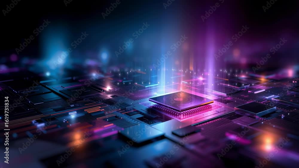 Poster a futuristic abstract technology background with neon lights and glowing circuit lines