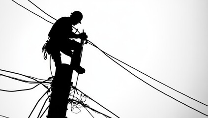 Silhouette of lineman working on utility pole (1)
