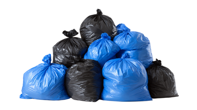 A pile of black and blue garbage bags on a white isolated background.
