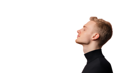 A profile of a young man with short blonde hair and a confident expression, isolated on a white background.