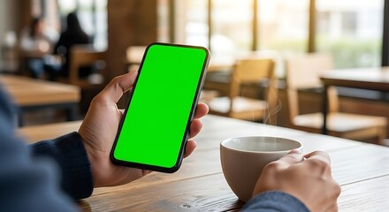 Person using Smartphone with Green Screen in Cafe