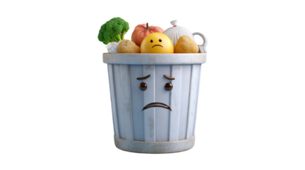 A sad faced trash bin filled with fresh vegetables and fruits, conveying the message of food waste.