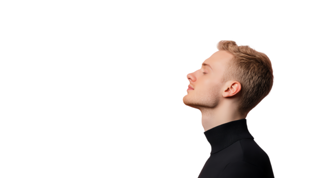 A profile of a young man with short blonde hair and a confident expression, isolated on a white background.