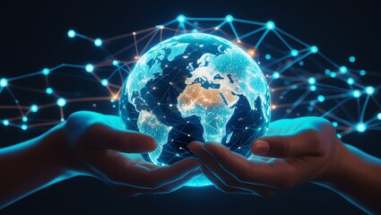 Futuristic Hands Holding Glowing Digital Globe with Global Network and AI Hologram Elements.