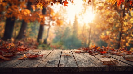 Rustic wooden table in foreground, sunlit, blurred autumn foliage backdrop