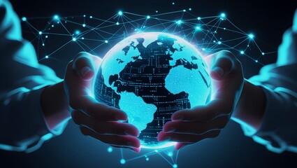 Futuristic Hands Holding Glowing Digital Globe with Global Network and AI Hologram Elements.