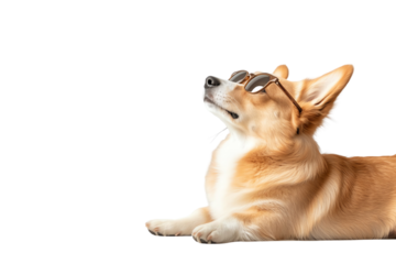 A stylish corgi dog wearing sunglasses, relaxing in a whimsical pose, perfect for pet lovers.
