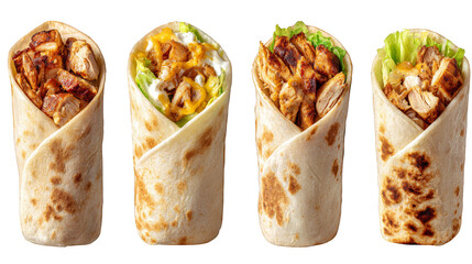 Four chicken burritos with fresh lettuce, a delicious and healthy meal option.
