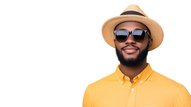 A stylish man wearing a yellow shirt, sunglasses, and a straw hat, exuding confidence against a white background.