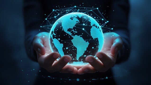 Futuristic Hands Holding Glowing Digital Globe with Global Network and AI Hologram Elements.