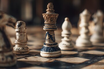 Fototapeta premium Chess Pieces on Board Focus on King