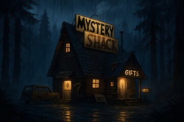 Eerie Mystery Shack Amidst a Dark Forest Rainfall A Place of Enigmatic Gift Shop Charm