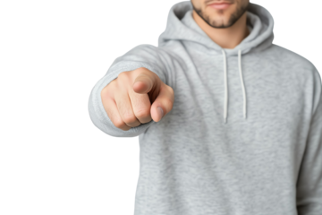 A young man in a gray hoodie points directly at the viewer, creating an engaging and interactive experience.
