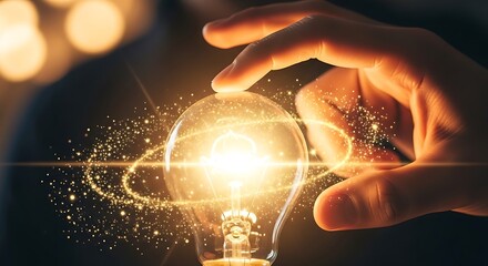 Illuminating Ideas: A Hand Gently Envelops a Glowing Light Bulb, Symbolizing Inspiration, Innovation, and the Power of Creative Thought