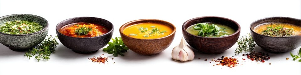 Assorted soups in rustic bowls, garnished with herbs and spices © Andi