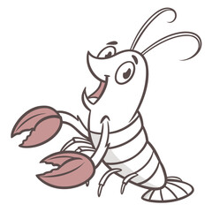 A happy cartoon lobster with big claws and antennae waving its arms