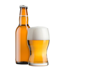 Beer bottle and glass with frothy beer, isolated on a white background.