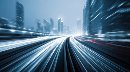 Fototapeta premium A dynamic urban scene showing light trails on a busy highway at night.