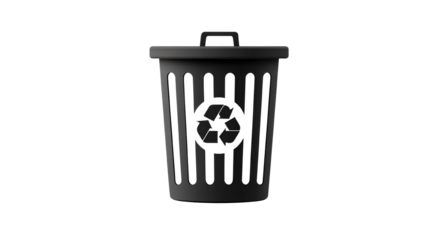 Black recycling bin with a symbol, isolated on white background.