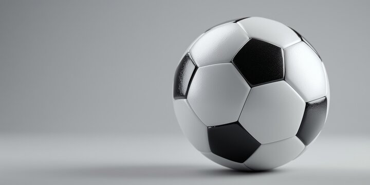 Ultra-realistic 3D rendering of a classic black and white soccer ball on a clean white background with studio lighting, captured in high-detail close-up for premium sports and athletic concept visuals