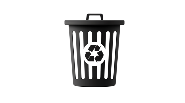 Black recycling bin with a symbol, isolated on white background.