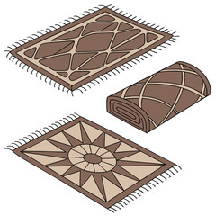 Three isometric rugs with decorative patterns and tassels on a white background