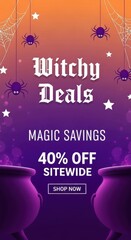 Witchy deals promotion with spiders and cauldrons graphic