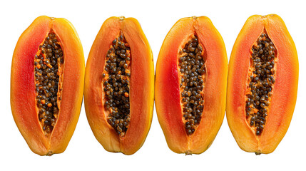 A row of four papayas, each sliced in half to reveal the vibrant orange flesh and black seeds, isolated on a white background.
