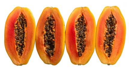A row of four papayas, each sliced in half to reveal the vibrant orange flesh and black seeds, isolated on a white background.