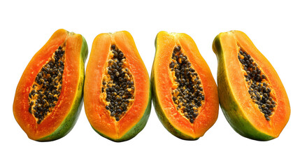 A row of four green and orange papayas, each sliced in half to reveal the vibrant orange flesh and black seeds, isolated on a white background.