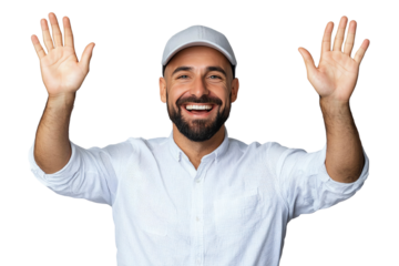 Cheerful man raising hands with a smile, expressing excitement against a white isolated background.