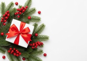 Gift box with red bow and christmas decoration on white