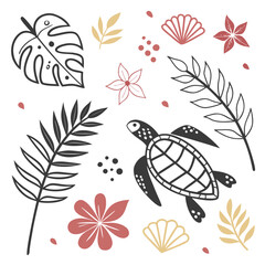 Cute hand drawn sea turtle surrounded by tropical leaves and flowers in a minimalist style