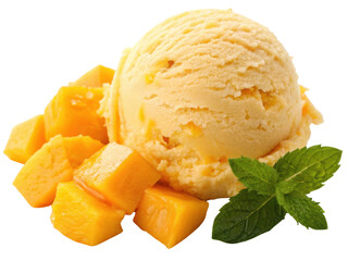 Creamy mango ice cream served with fresh mango chunks and sprig of mint creates delightful treat perfect for warm days