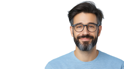Cheerful man with glasses smiling, white isolated background.