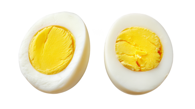 Detailed closeup of a hardboiled egg cut in half, showcasing yolk and white closeup.