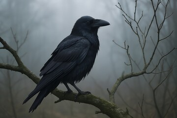 Fototapeta premium Raven Perched on a Branch in a Misty Forest, A Mysterious and Brooding Creature of the Woods