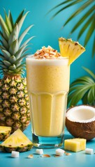 Tropical Pineapple Smoothie with Coconut and Fresh Fruit on a Turquoise Background