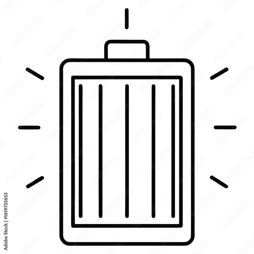 Poster a simple clean line art icon representing a fully charged battery with radiating energy lines symbol