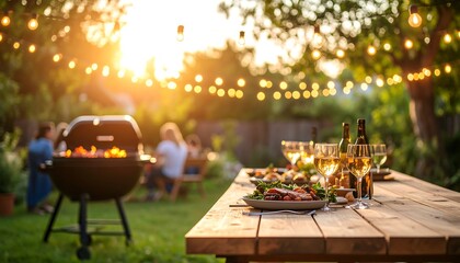 Sunset garden party with BBQ, food, and drinks on a rustic wooden table