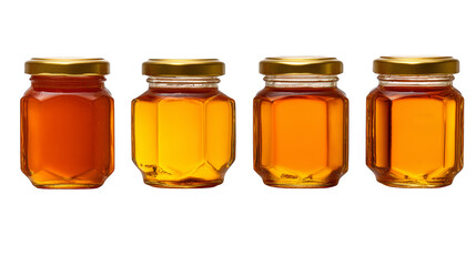 Golden honey jars with lids, a natural sweetener for health and taste.