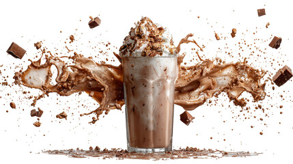 Dynamic splash of chocolate in a glass of milk, refreshing beverage refreshing.