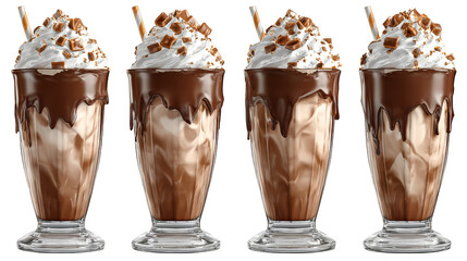 Four glasses of delicious chocolate milkshake with whipped cream and drizzle.
