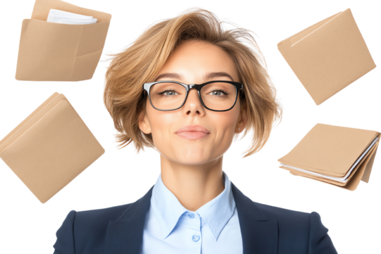 Confident businesswoman surrounded by documents and folders, conveying organization and professionalism in the workplace.