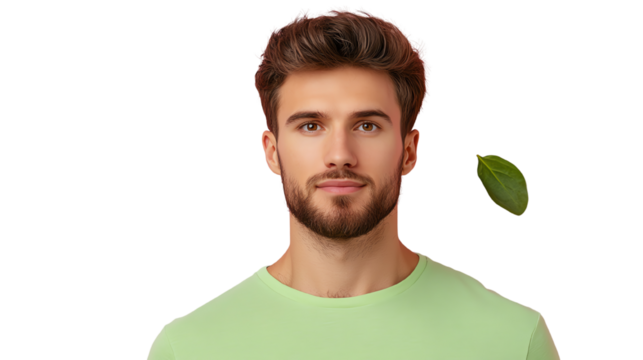 Confident young man with a beard and green shirt against a white background, expressing a positive vibe. - Powered by Adobe