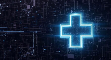 Digital Healthcare: Neon Cross on Circuit Board Background
