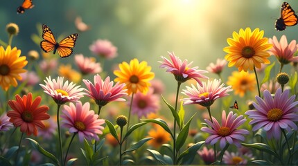 Vibrant Monarch Butterflies Flutter Among Colorful Daisy Flowers in Golden Sunlight