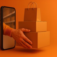 Futuristic online shopping concept with smartphone and delivery packages in vibrant digital style
